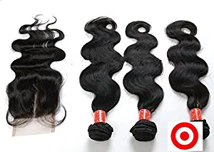 DaJun Hair 7A 3 Hair Bundles With Mid-Part Lace Closures Peruvian Virgin Remy Human Hair Body Wave Natural Color (trademark:DaJun)16"closure+22"24"28"weft