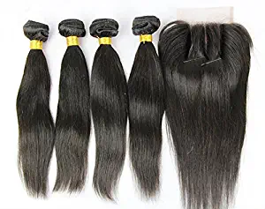 Junhair 3 Way Part 1Pc 4x4 lace closure with Virgin Chinese Remy Human Hair 3 Bundles Hair Weaves Mixed Length 4Pcs Lot Natural Straight Natural Color Can be Dyed