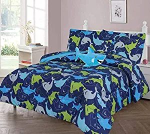 GorgeousHomeLinen Boys Girls Teens Twin 6PC Comforter Bedding Set with Matching Sheets and Small Decorative Pillow Bed Dressing for Kids (Shark Blue)