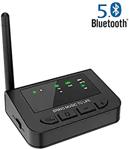 BANIGIPA Long Range Bluetooth 5.0 Transmitter Receiver for TV, 40MS Low Latency Wireless HD Audio Adapter with Pass-Thru for Home Stereo, Optical AUX RCA, Always ON, Dual Stream Pair with AirPods