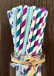 Charmed Mermaid theme Purple, blue and teal paper straw in polka dot, chevron, and stripe design 100 Pack