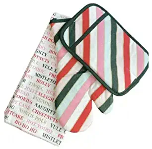 Kate Spade Holiday Phrases Christmas Words Stripes 3 pc Kitchen Set Kitchen Towel Oven Mitt Pot Holder - Red Greens Metallic Gold Pink on Eggnog Cream