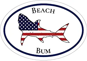 WickedGoodz Oval American Flag Shark Beach Bum Vinyl Decal - Bumper Sticker - Perfect for Windows Cars Tumblers Laptops Lockers