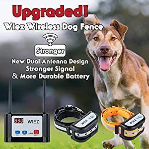 WIEZ Electric Wireless Dog Fence Upgraded, Dual Antenna-Stronger Signal, Adjustable Range Control 100-990 ft, Waterproof Collar, Rechargeable, Harmless for All Dogs, for Outdoor. 2 Collars