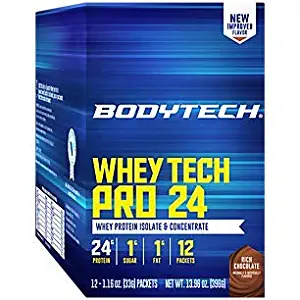 BodyTech Whey Tech Pro 24 Protein Powder Protein Enzyme Blend with BCAA's to Fuel Muscle Growth Recovery, Ideal for PostWorkout Muscle Building Rich Chocolate (12 Packets)