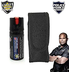 Pepper Spray with Holster, 2 oz Streetwise 18 Pepper Spray Twist Lock and Police Force Heavy Duty Holster Sheath