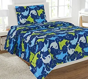 Linen Plus Full Size 4pc Sheet Set for Boys Sharks Dark Blue Green Grey New