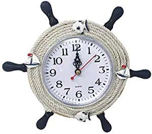 Decorative Nautical Desktop Clock - Navy Blue and Cream Steering Wheel Helm with Fish and Sailboat Designs - Easel Back - 9 Inch