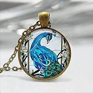 Blue Peacock Necklace Bird Jewelry Nature Glass Art Pendant in with Link Chain