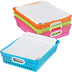 Really Good Stuff Plastic Desktop Paper Storage Baskets for Classroom or Home Use – Plastic Mesh Baskets in Fun Neon Colors – 14.25” x 10” – (Set of 4)