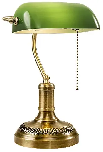 Traditional Bankers Lamp, Bankers Desk Lamp, Green Glass Shade, Brass Base, Vintage Office Table Light, Antique Style Desk Lamps for Office, Library, Study Room (Bulb Included)