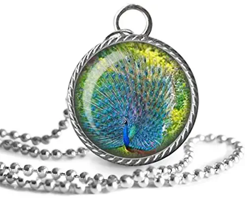 Peacock Necklace, Blue Peacock, Animal, Nature, Beautiful Art Image Pendant Key Chain Handmade