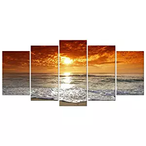 Wieco Art Grand Sight Sunset Ocean Canvas Prints Wall Art Sea Beach Pictures to Photo Paintings Landscape Decor for Living Room Bedroom Home Decorations 5 Panels Modern HD Seascape Giclee Artwork