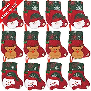 Ivenf Christmas Mini Stockings, 12 Pcs 6.25 inches Felt with 3D Santa Snowman, Gift Card Silverware Holders, Bulk Treats for Neighbors Coworkers Kids Cats Dogs, Small Rustic Red Xmas Tree Set