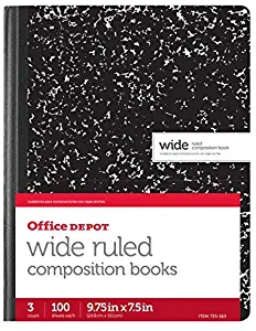 Office Depot Composition Book, 7 1/2in. x 9 3/4in, Wide-Ruled, 100 Sheets, Black/White Marble, Pack of 3, 14776