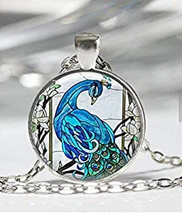 Blue Peacock Necklace Bird Jewelry Nature Glass Dome Art Pendant in Bronze or Silver with Link Chain Included