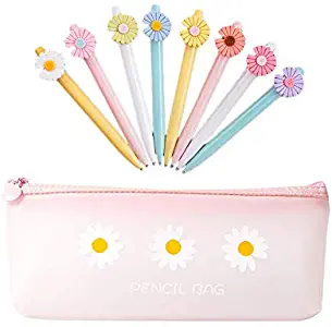 Retractable Daisy Gel Pens and Pen Holder Pouch Set, Chris.W 1 Pcs Pink Pen Bag and 8 Pcs Flower Gel Ink Ballponit Pens for Women Girl Students Teens School Supplies(Set of 9)