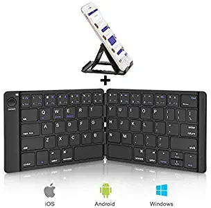 Sounwill Foldable Keyboard, Wireless Portable Keyboard with Stand Holder, Pocket Size Ultra Slim Premium Leather Folding Keyboard Compatible iOS Windows Android Smartphone, Tablet, Laptop and More