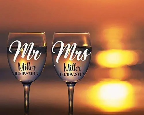 Mr and Mrs Wine Glass Decals. Customize Color, Name, and Date - For Your Wine Glasses, Flasks, Yeti Cups, Wedding Gift, Anniversary Gifts, etc. Glass Not Included - Metallic and Glitter Vinyl