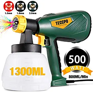 Paint Sprayer, TECCPO 500 Watts Up to 100 DIN-s, 800ml/min HVLP Electric Spray Gun with 1300ml Detachable Container, 3 Copper Nozzles & 3 Spray Patterns, Adjustable Volume Dial for Gardening & Crafts